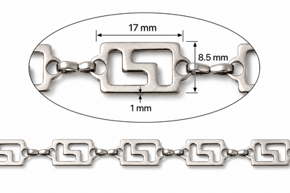 Silver-toned metal chain link with a geometric openwork design, shown with a close-up inset indicating dimensions: 17 mm width, 8.5 mm height, and 1 mm link spacing.