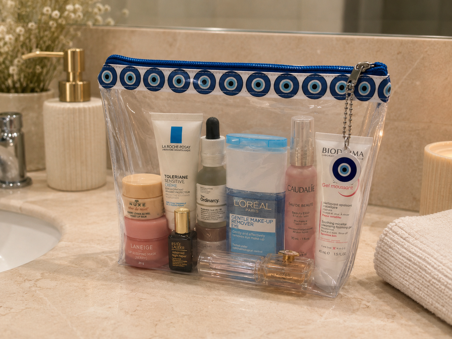 Trousse Maquillage Transparente en PVC, Pochette Voyage Imperméable, Oeil Grec Porte-Bonheur, Pochette Plage