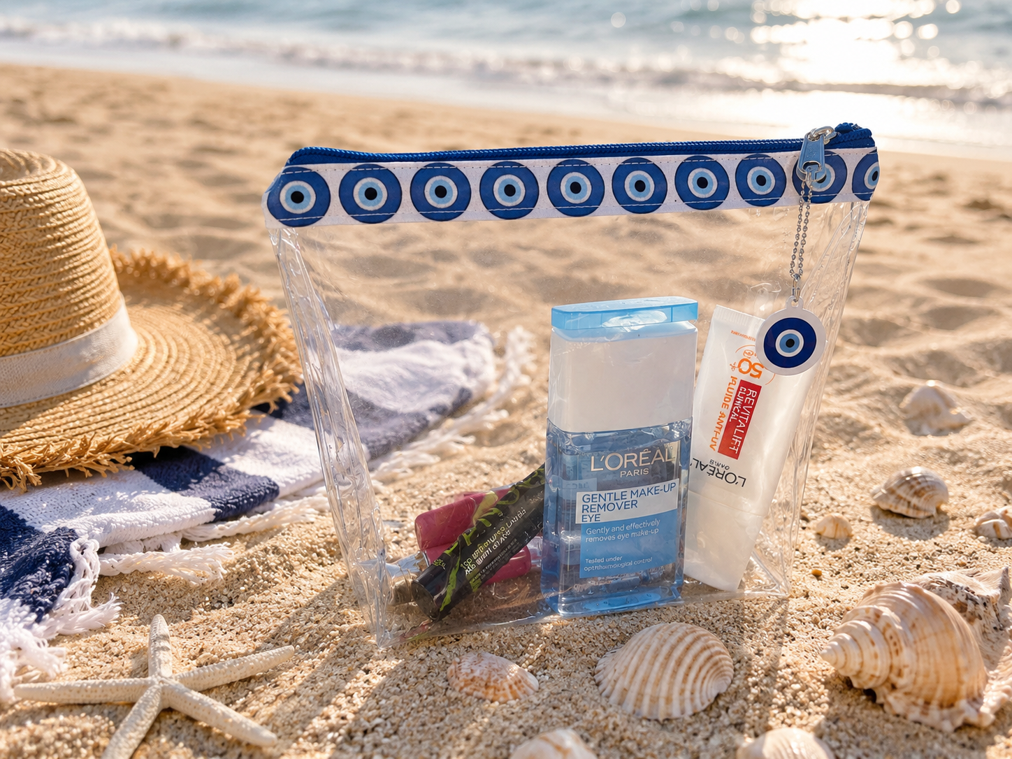 clear-pvc-travel-pouch-greek-evil-eye on the beach in Paros island