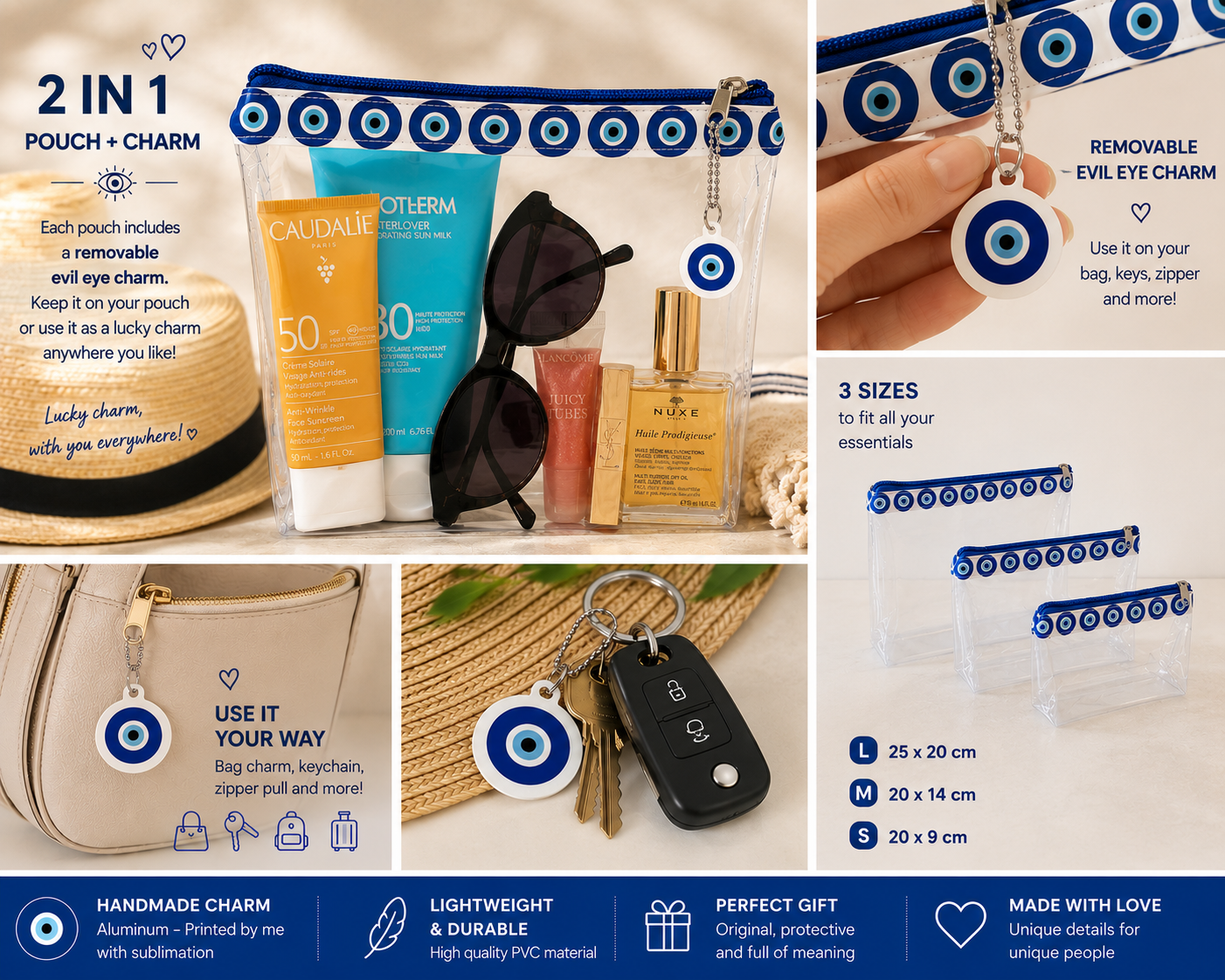 Trousse Maquillage Transparente en PVC, Pochette Voyage Imperméable, Oeil Grec Porte-Bonheur, Pochette Plage