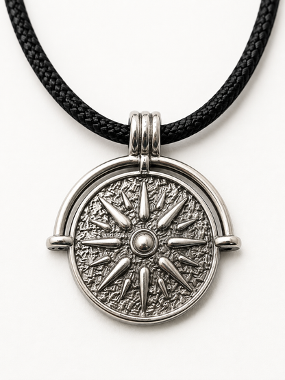 A silver-toned compass sun pendant necklace on a black braided cord, shown against a plain white background.