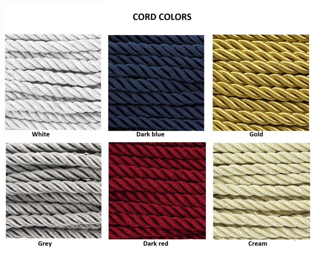 Color swatches of cord colors including white, dark blue, gold, grey, dark red, and cream.