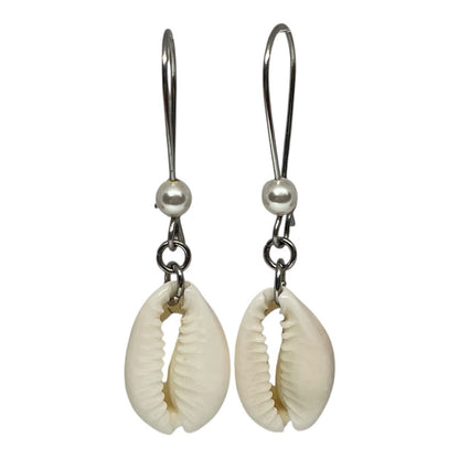 Shell earrings with pearl-like beads on a white background