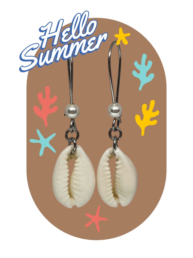 Shell earrings on a 'Hello Summer' themed card with colorful coral and starfish illustrations.