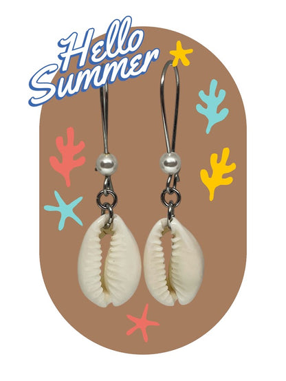 Shell earrings on a 'Hello Summer' themed card with colorful coral and starfish illustrations.