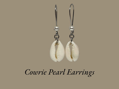 Cowrie pearl earrings on a beige background with text 'Cowrie Pearl Earrings'.