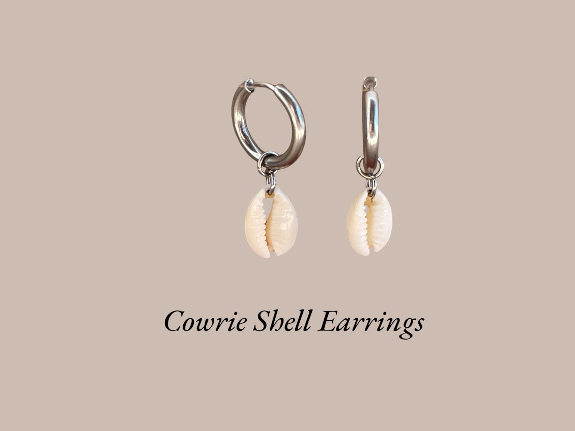 Cowrie shell earrings on a beige background with 'Cowrie Shell Earrings' text.