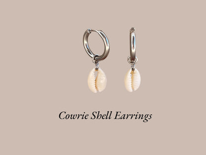 Cowrie shell earrings on a beige background with 'Cowrie Shell Earrings' text.