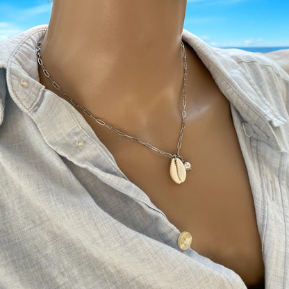 Cowrie Shell Pearl Necklace - Beach Jewelry - Gift for Her