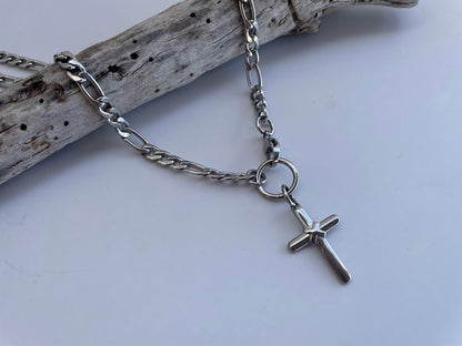Collier Croix en Acier Chaine Figaro - Bijou Femme