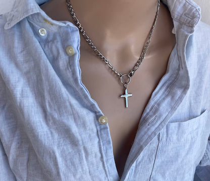 Collier Croix en Acier Chaine Figaro - Bijou Femme