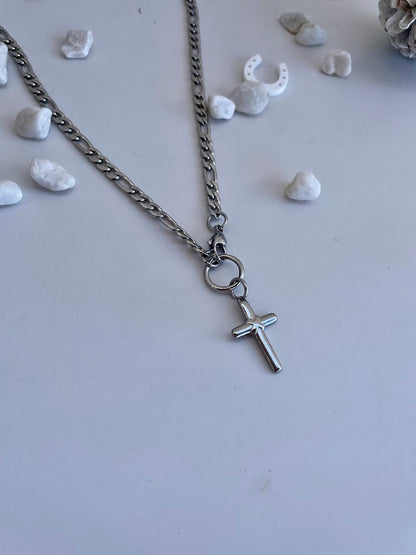 Collier Croix en Acier Chaine Figaro - Bijou Femme