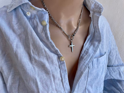 Collier Croix en Acier Chaine Figaro - Bijou Femme