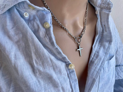 Collier Croix en Acier Chaine Figaro - Bijou Femme