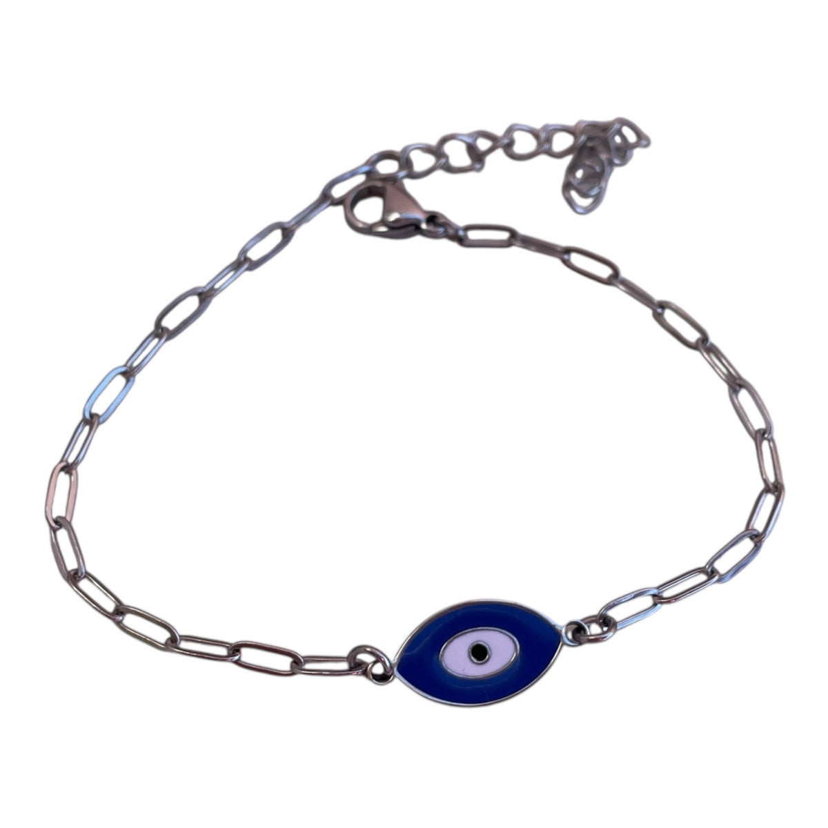 Bracelet with a blue evil eye charm on a white background