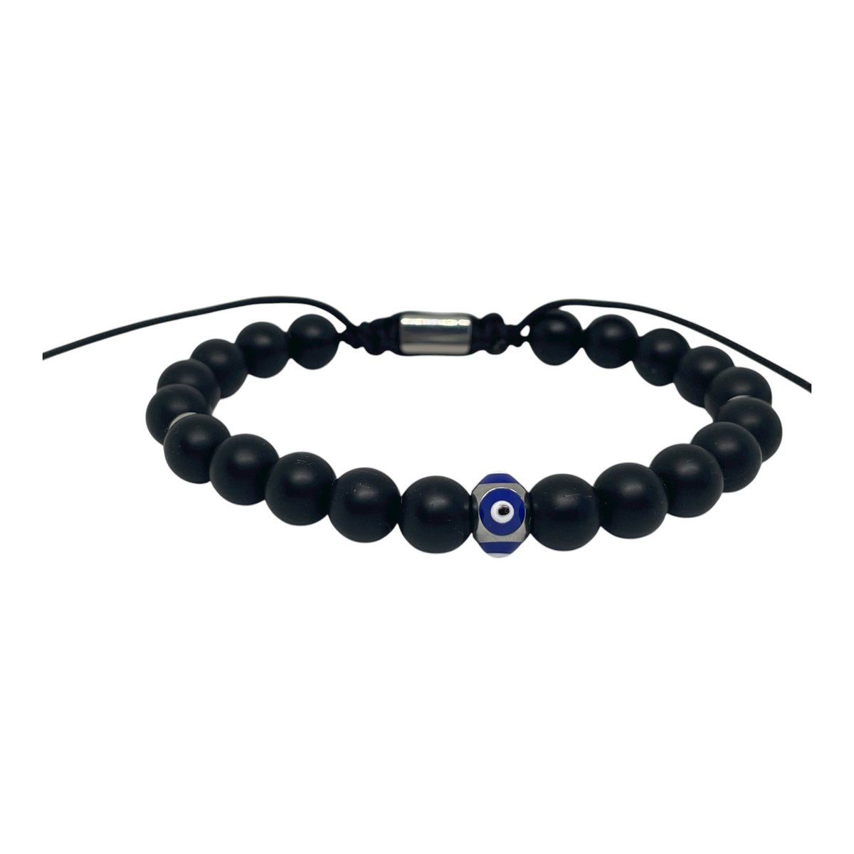 Black beaded bracelet with a blue evil eye charm on a white background