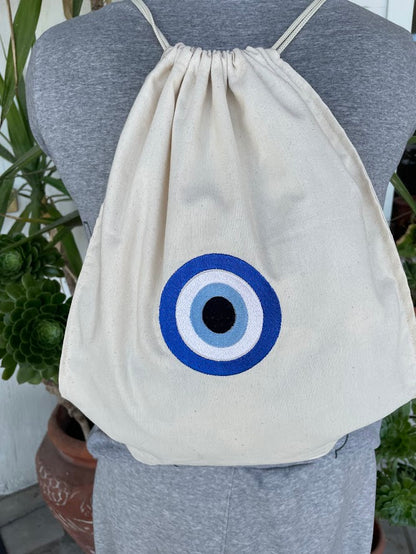 Canvas Drawstring Backpack with Embroidered Evil Eye