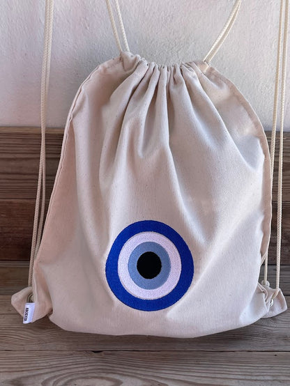 Canvas Drawstring Backpack with Embroidered Evil Eye