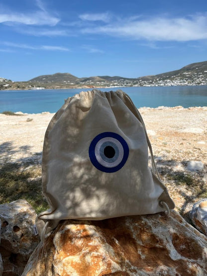 Canvas Drawstring Backpack with Embroidered Evil Eye