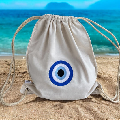 Canvas Drawstring Backpack with Embroidered Evil Eye