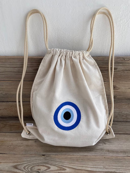 Canvas Drawstring Backpack with Embroidered Evil Eye