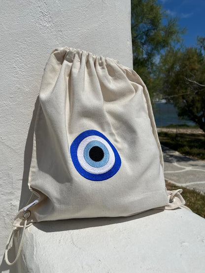 Canvas Drawstring Backpack with Embroidered Evil Eye