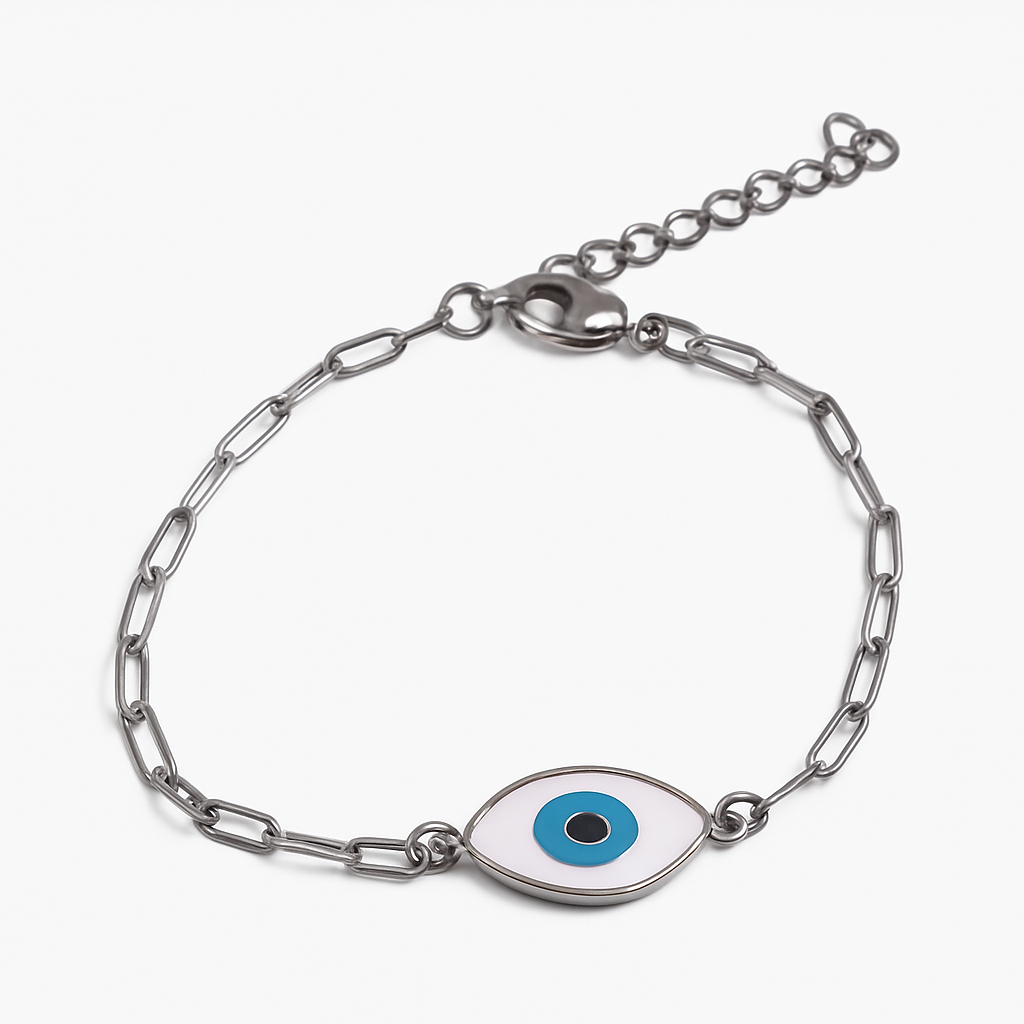 Silver chain bracelet with an eye charm on a white background