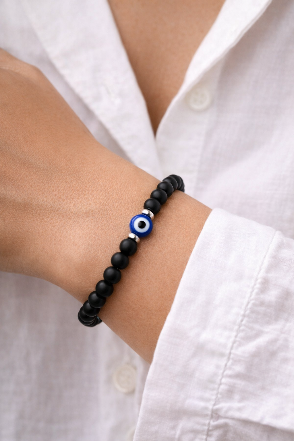 Bracelet En Onyx Noir Avec Oeil Bleu Protecteur – Bracelet Elastique Homme Femme – Bijou Porte-Bonheur