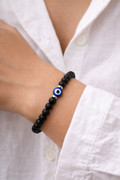 Bracelet En Onyx Noir Avec Oeil Bleu Protecteur – Bracelet Elastique Homme Femme – Bijou Porte-Bonheur