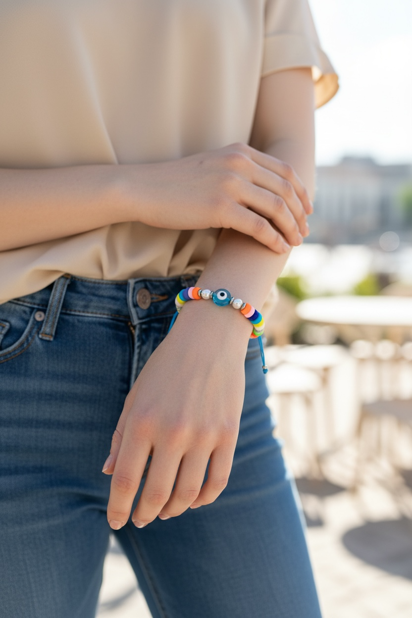 Person wearing a colorful beaded bracelet on a blurred outdoor background