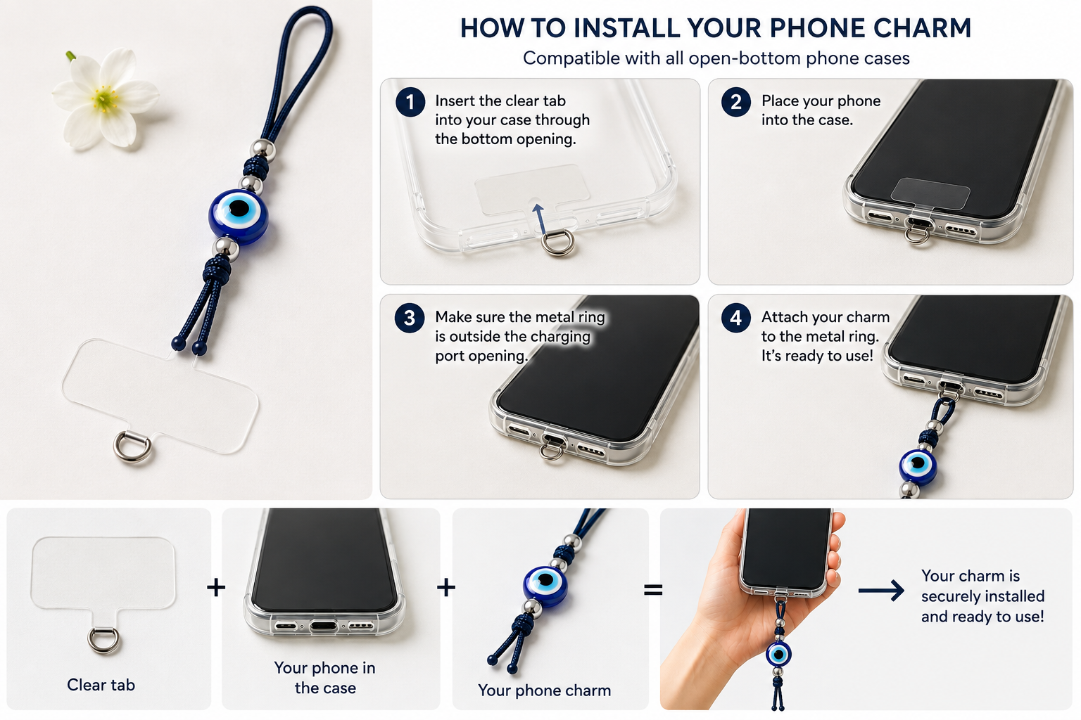 Instructional graphic showing how to install a phone charm in an open phone case. The image includes a phone charm with a clear tab, metal ring, and blue evil eye tassel, alongside step-by-step installation instructions and small photos demonstrating the process.