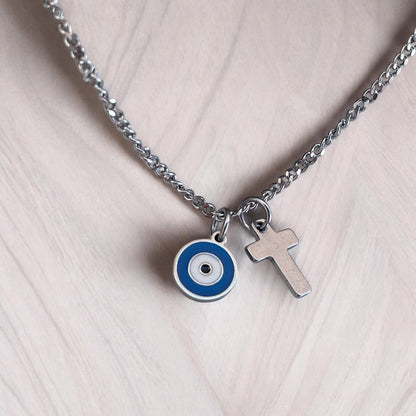 Evil Eye Cross Charms Necklace - Stainless jewelry - Gift for her - Tiny jewelry - Greek Gift