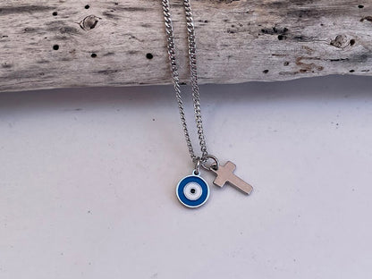 Evil Eye Cross Charms Necklace - Stainless jewelry - Gift for her - Tiny jewelry - Greek Gift