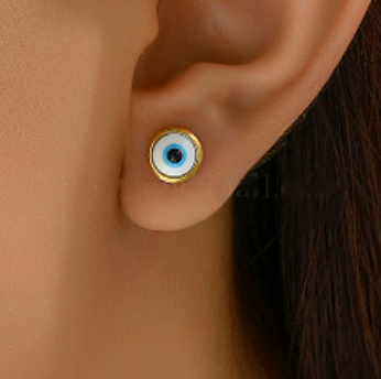 Boucles d'Oreilles Clous Oeil Blanc acier doré