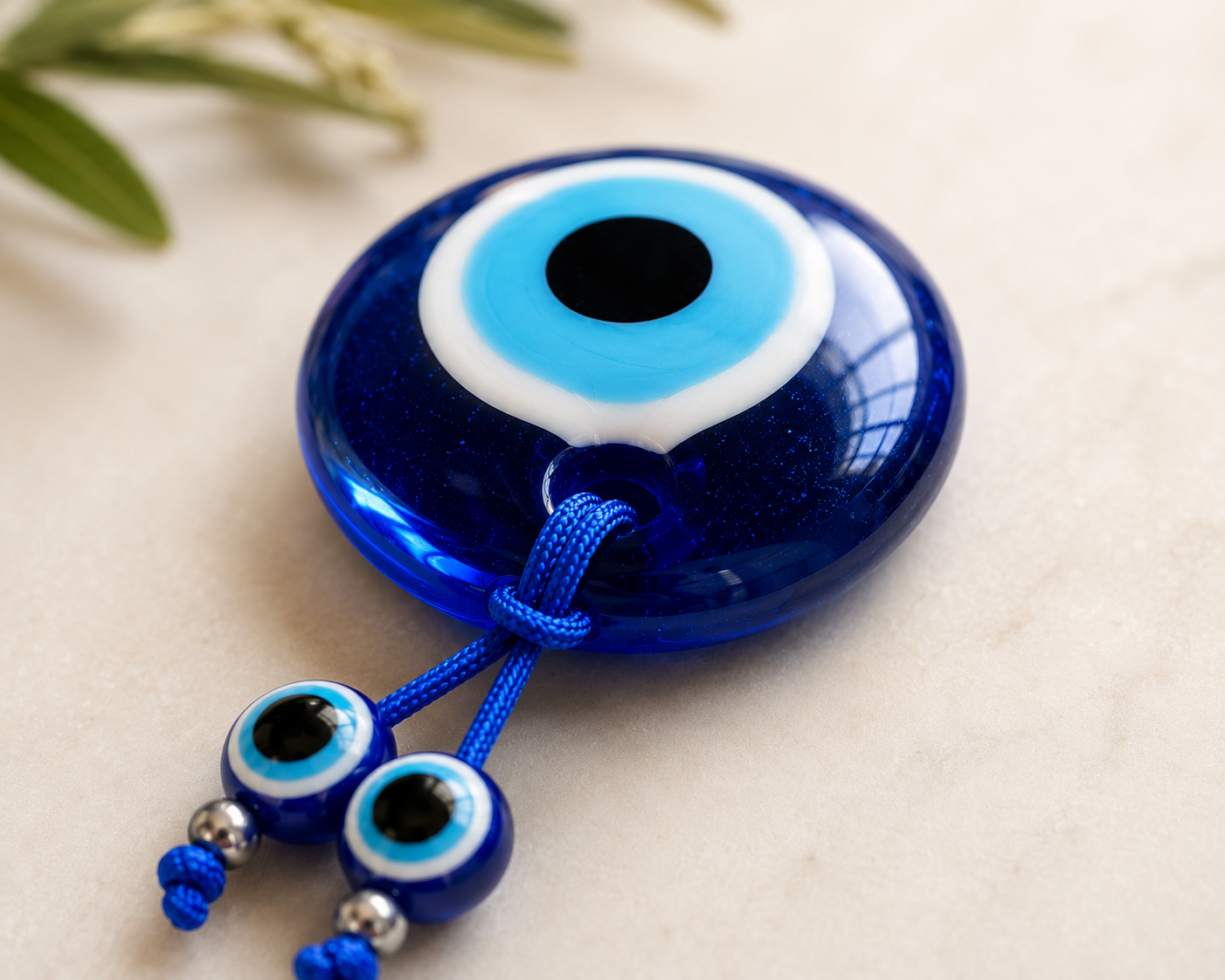 Blue evil eye charm with beads on a light background