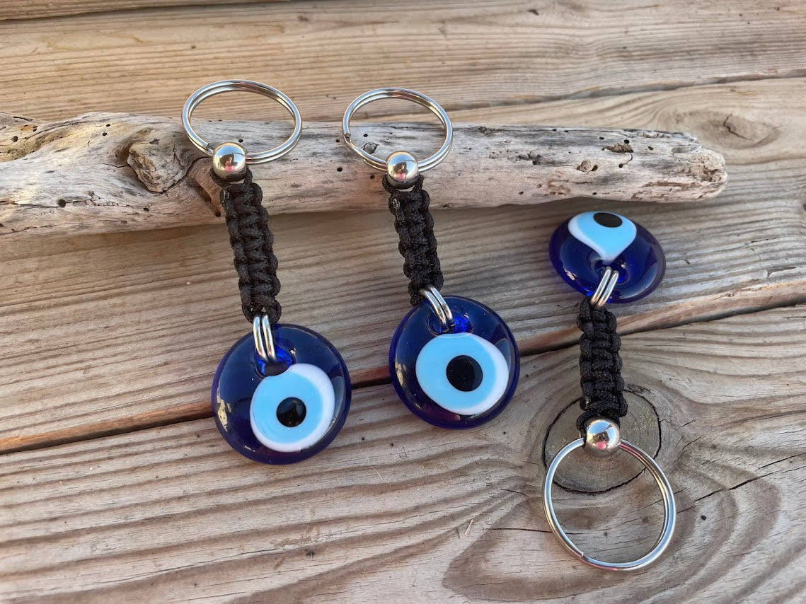 Porte-clés Oeil Bleu en Verre  - Inox ou Laiton - Protection voiture