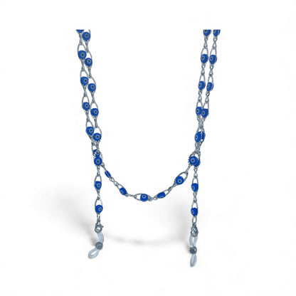 Necklace with blue beads on a white background