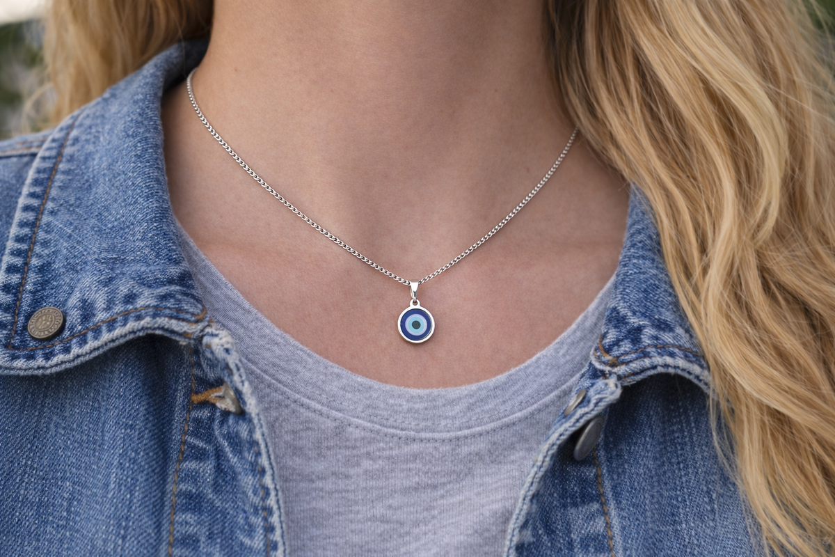 Person wearing a silver necklace with an eye-shaped pendant, close-up of the necklace.