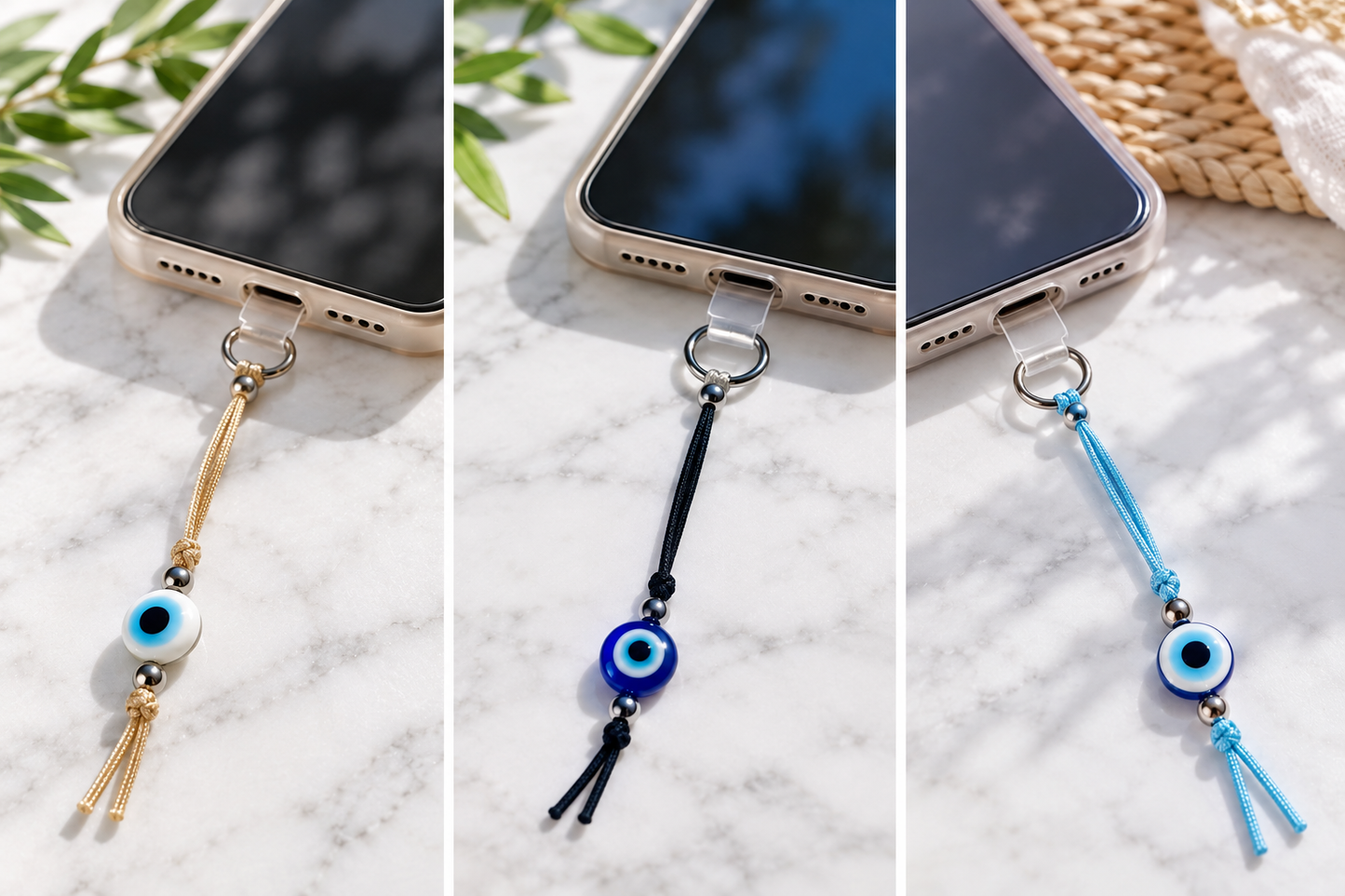 Three phone accessory straps shown in a three-panel collage, each attached to a smartphone and featuring an evil eye bead with tassels: one gold, one black, and one light blue, all on a light marble surface.