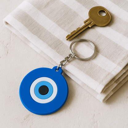Blue keychain with a white and black design on a beige surface with a key and fabric.