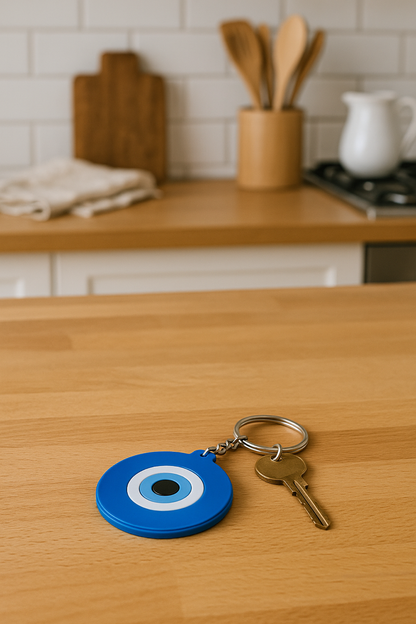 Keychain with blue evil eye charm on a wooden surface in a kitchen.