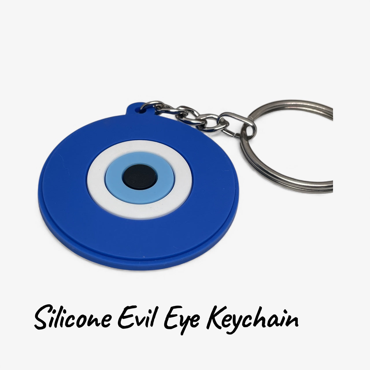 Blue silicone evil eye keychain on a white background