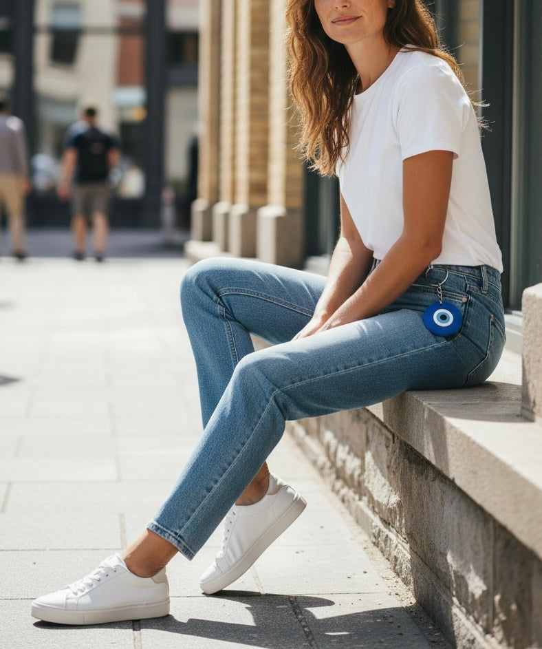 Woman sitting on a ledge wearing a white t-shirt, blue jeans, and white sneakers in an urban setting.