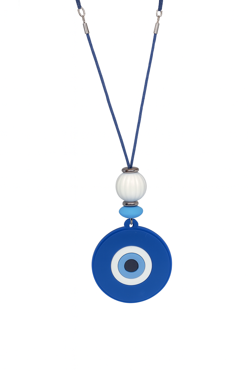 Necklace with a blue evil eye pendant on a white background