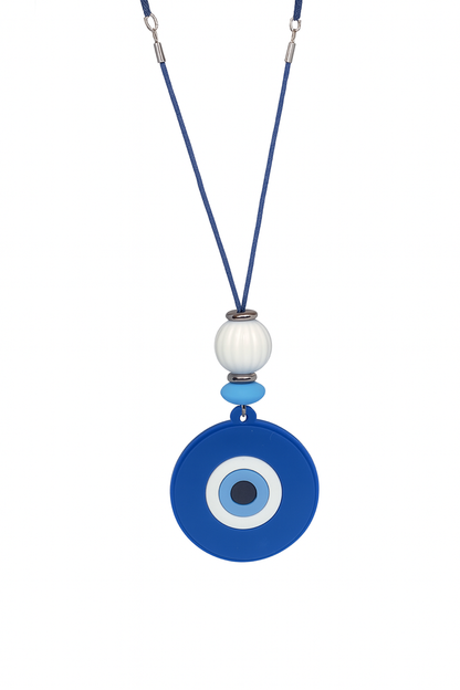 Necklace with a blue evil eye pendant on a white background