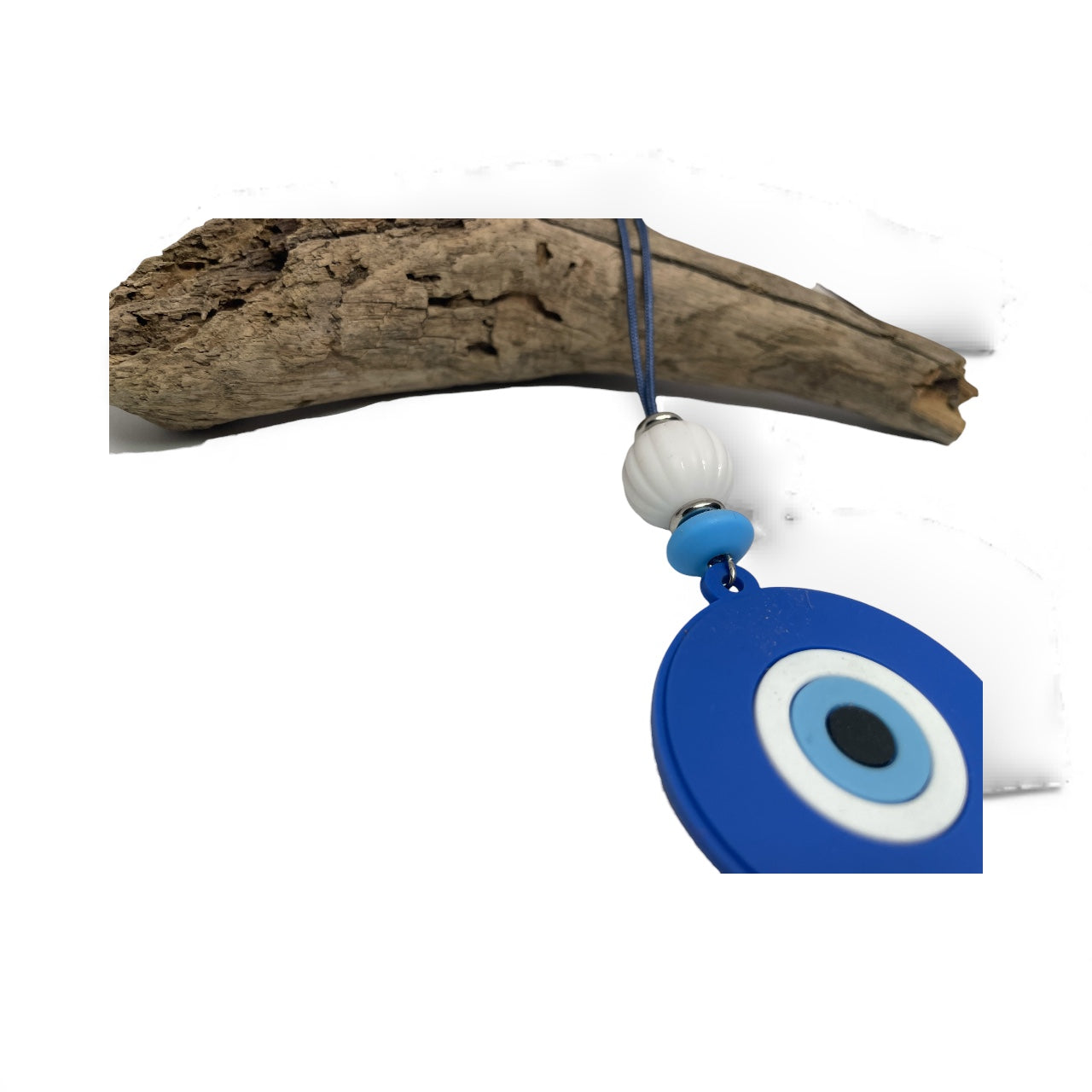 Blue evil eye pendant with white bead on a white background