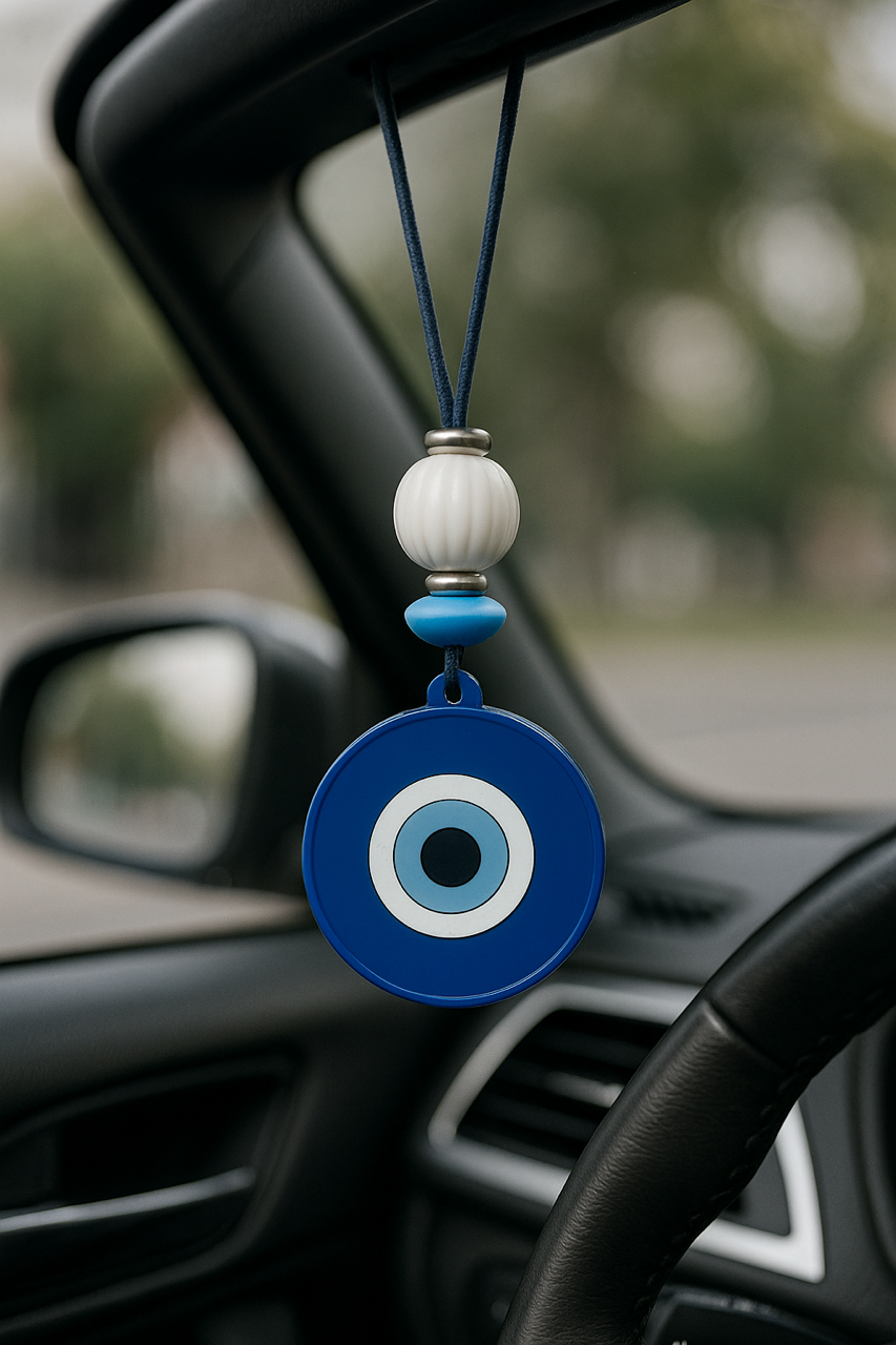 Blue evil eye ornament hanging from a car's rearview mirror with a blurred outdoor background.