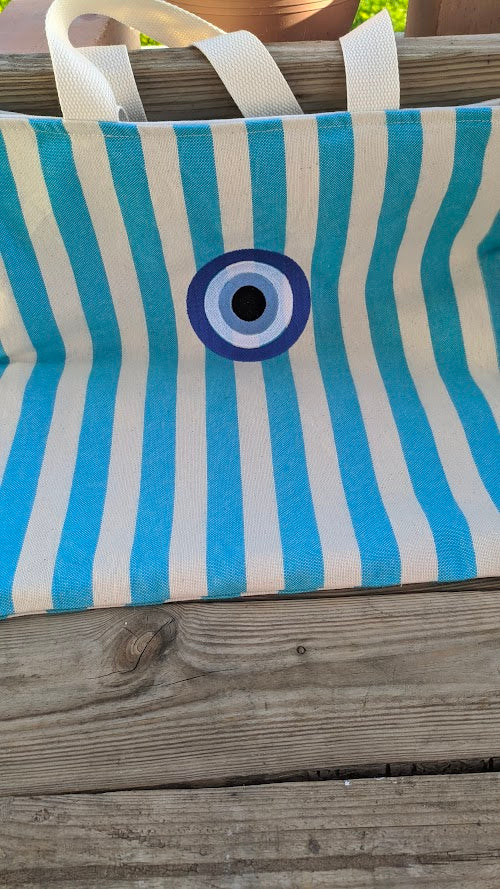 Striped Canvas Tote Bag | Embroidered Summer Bag | Greek Gift