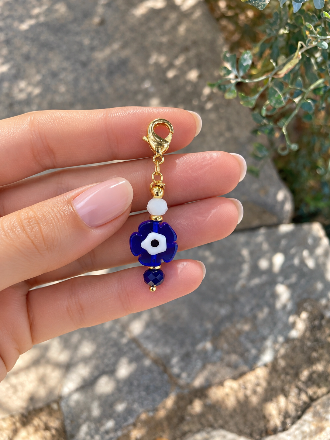 Blue Evil Eye Flower Bag Charm – Greek Inspired Bag Accessory – Handmade Gift
