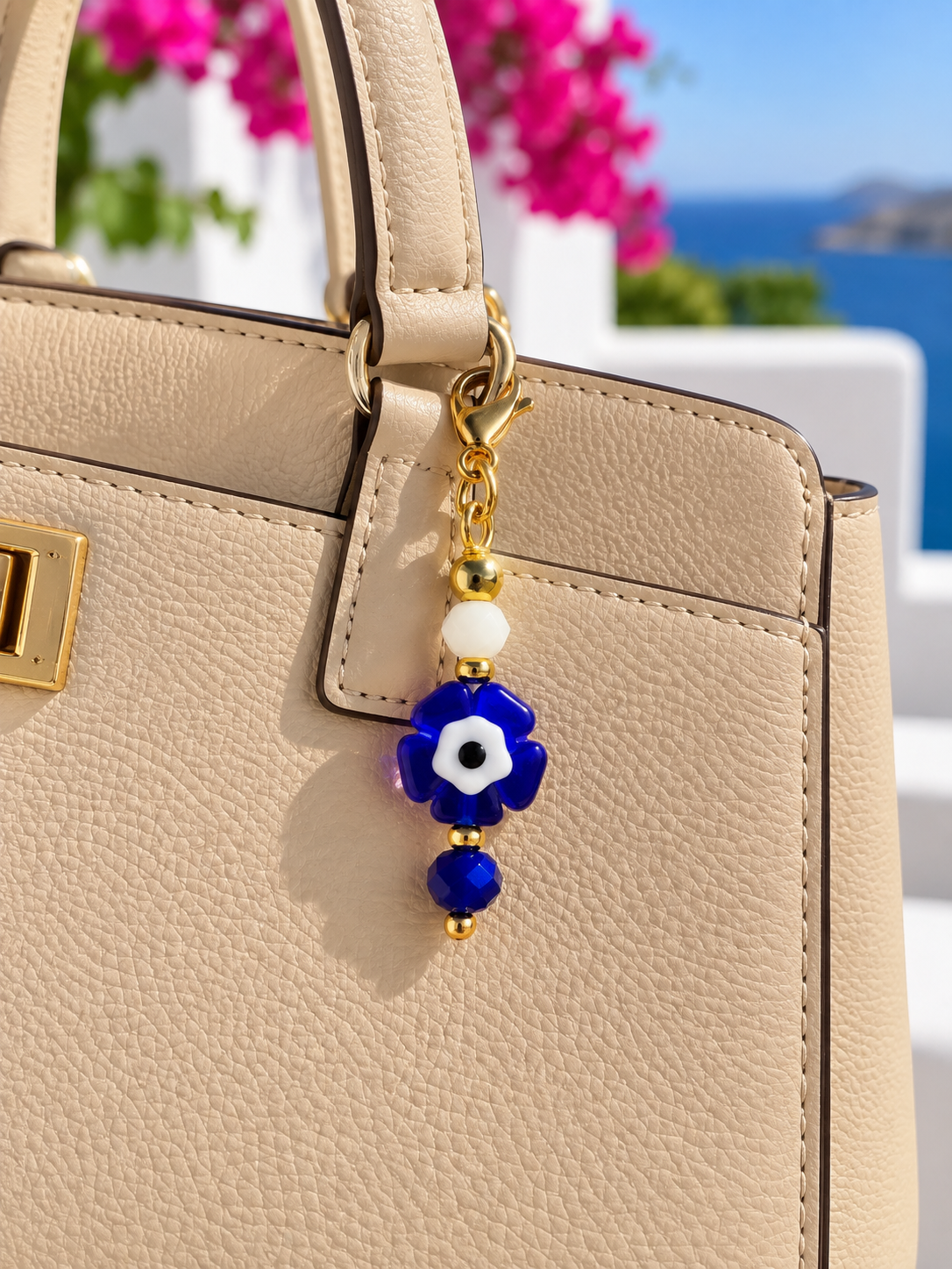 Blue Evil Eye Flower Bag Charm – Greek Inspired Bag Accessory – Handmade Gift